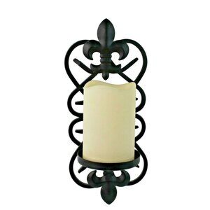 Fleur De Lis Wall Sconce 12" Wrought Iron Battery Operated Timer Faux Candle